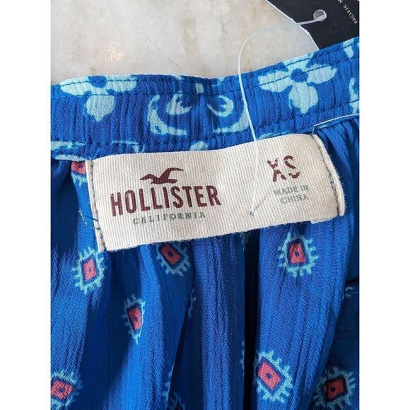 Hollister Women's Floral Boho V Neck Ruffled Short Sleeve Top Bright Blue XS New - Picture 9 of 13